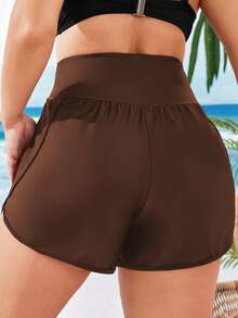 SHEIN Swim Curve Plus Size Women Beach Shorts And Cover Up, Solid Color For Summer Beach Vacation - Coffee Brown - View 2