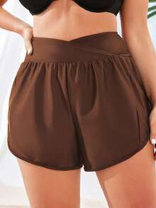 SHEIN Swim Curve Plus Size Women Beach Shorts And Cover Up, Solid Color For Summer Beach Vacation - Coffee Brown - View 6
