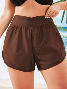 SHEIN Swim Curve Plus Size Women Beach Shorts And Cover Up, Solid Color For Summer Beach Vacation - Coffee Brown - View 4