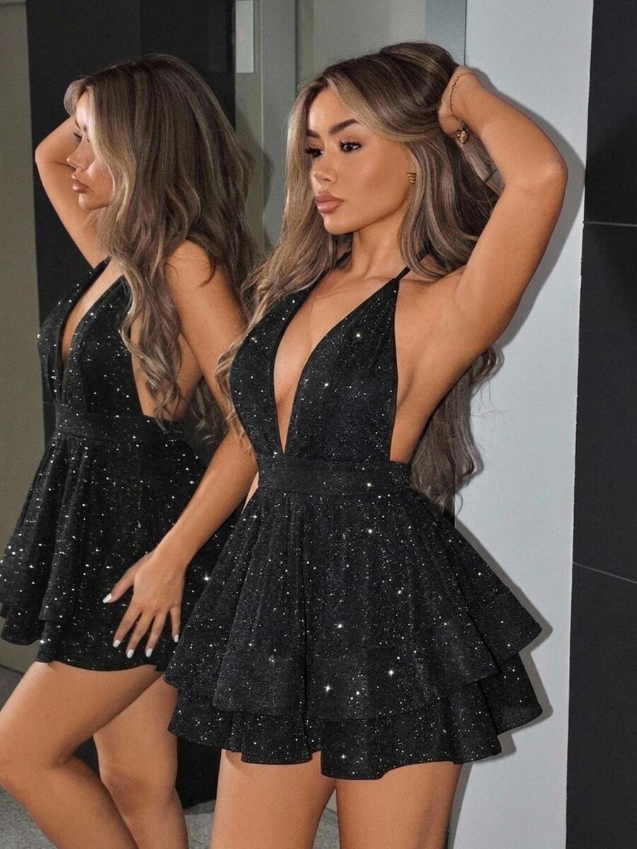 SHEIN ICON Slim Fit Pink Sparkly Fabric Deep V-Neck Ruffled Hem Women's Dress - Black - View 1