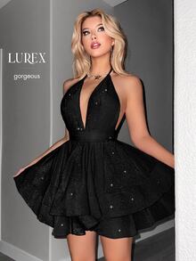 SHEIN ICON Slim Fit Pink Sparkly Fabric Deep V-Neck Ruffled Hem Women's Dress - Black - View 6