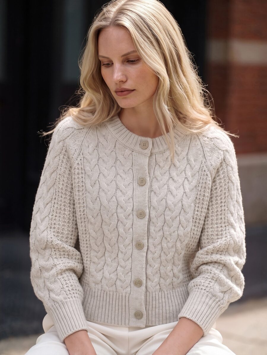 Airaco Women's Versatile All-Match Casual Single-Breasted Cable Knit Cardigan Brunch Beige Fall - Apricot - View 1