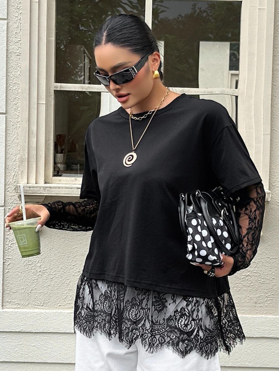 Muchica Plus Size Lace Patchwork 2 In 1 T-Shirt Autumn Formal Vacation Black Casual Traditional - Black - View 1