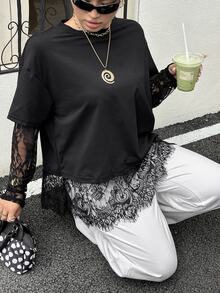 Muchica 大尺碼蕾絲拼接二合一T恤，黑色，秋季正式度假休閒傳統風 - 黑色 - 查看 1