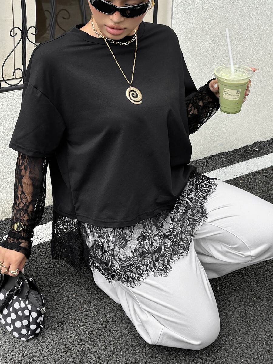 Muchica 大尺碼蕾絲拼接二合一T恤,黑色,秋季正式度假休閒傳統風 - 黑色 - 查看 1