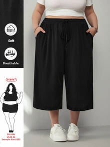 SHEIN CURVE+ 大码女式黑色轻薄罗纹针织休闲裤，带口袋和抽绳腰带，宽松版型，适合夏季运动、度假等场合，大码服装 - 黑色 - 查看 2