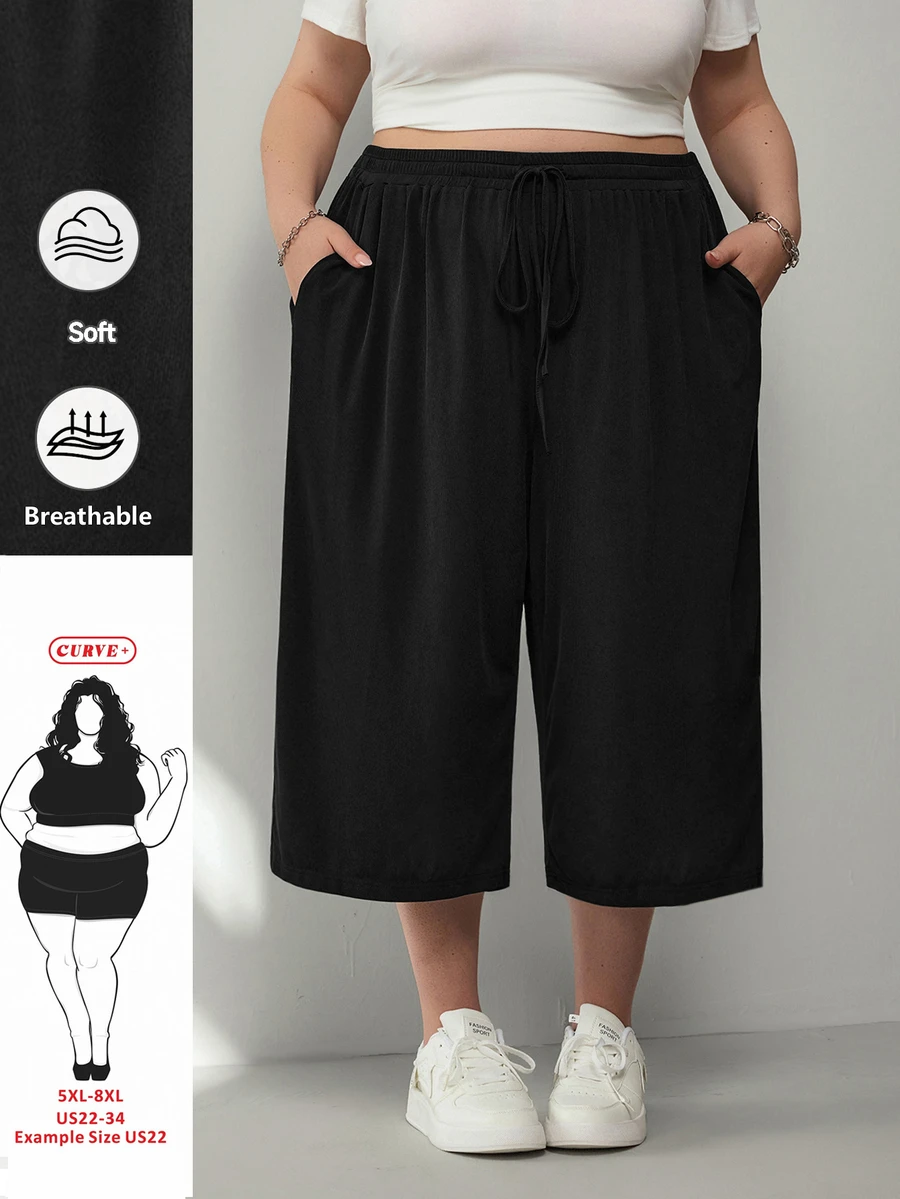 SHEIN CURVE+ 大码女式黑色轻薄罗纹针织休闲裤，带口袋和抽绳腰带，宽松版型，适合夏季运动、度假等场合，大码服装
