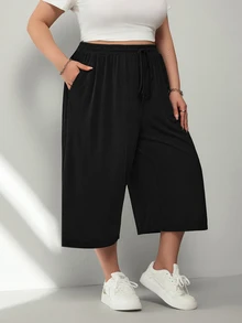SHEIN CURVE+ 大码女式黑色轻薄罗纹针织休闲裤，带口袋和抽绳腰带，宽松版型，适合夏季运动、度假等场合，大码服装 - 黑色 - 查看 6