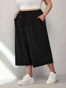 SHEIN CURVE+ 大码女式黑色轻薄罗纹针织休闲裤，带口袋和抽绳腰带，宽松版型，适合夏季运动、度假等场合，大码服装 - 黑色 - 查看 4