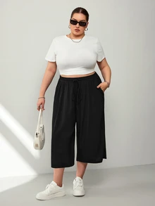 SHEIN CURVE+ 大码女式黑色轻薄罗纹针织休闲裤，带口袋和抽绳腰带，宽松版型，适合夏季运动、度假等场合，大码服装 - 黑色 - 查看 7