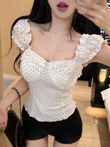 Joudiya Spring & Summer Fashion White Polka Dot Printed Ruffle Trim Crop Top, Fitted, Casual Beach Vacation Style T-Shirt For Women Cute Tops Going Out Tops - White - View 9