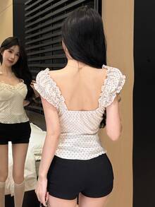 Joudiya Spring & Summer Fashion White Polka Dot Printed Ruffle Trim Crop Top, Fitted, Casual Beach Vacation Style T-Shirt For Women Cute Tops Going Out Tops - White - View 4