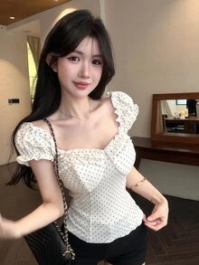 Joudiya Spring & Summer Fashion White Polka Dot Printed Ruffle Trim Crop Top, Fitted, Casual Beach Vacation Style T-Shirt For Women Cute Tops Going Out Tops - White - View 7
