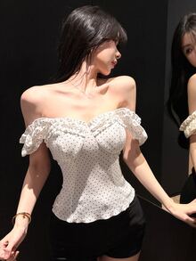 Joudiya Spring & Summer Fashion White Polka Dot Printed Ruffle Trim Crop Top, Fitted, Casual Beach Vacation Style T-Shirt For Women Cute Tops Going Out Tops - White - View 5