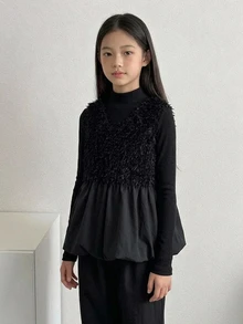 DAZY Sleeveless V-Neck Patchwork Design Vest Outerwear Autumn Tween Girls Shirt - Black - View 4