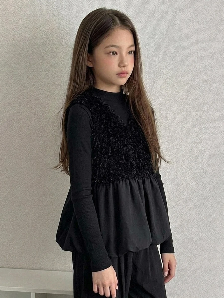 DAZY Sleeveless V-Neck Patchwork Design Vest Outerwear Autumn Tween Girls Shirt - Black - View 1