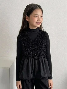 DAZY Sleeveless V-Neck Patchwork Design Vest Outerwear Autumn Tween Girls Shirt - Black - View 6