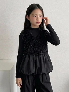 DAZY Sleeveless V-Neck Patchwork Design Vest Outerwear Autumn Tween Girls Shirt - Black - View 7