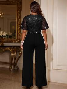 Femmeverse Women's New Elegant Sequin Wide Leg Jumpsuit Plus Size Party/Daily/Date/Evening A-Line Short Sleeve High Waist Jumpsuit - Black - View 2