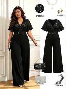 Femmeverse Women's New Elegant Sequin Wide Leg Jumpsuit Plus Size Party/Daily/Date/Evening A-Line Short Sleeve High Waist Jumpsuit - Black - View 1