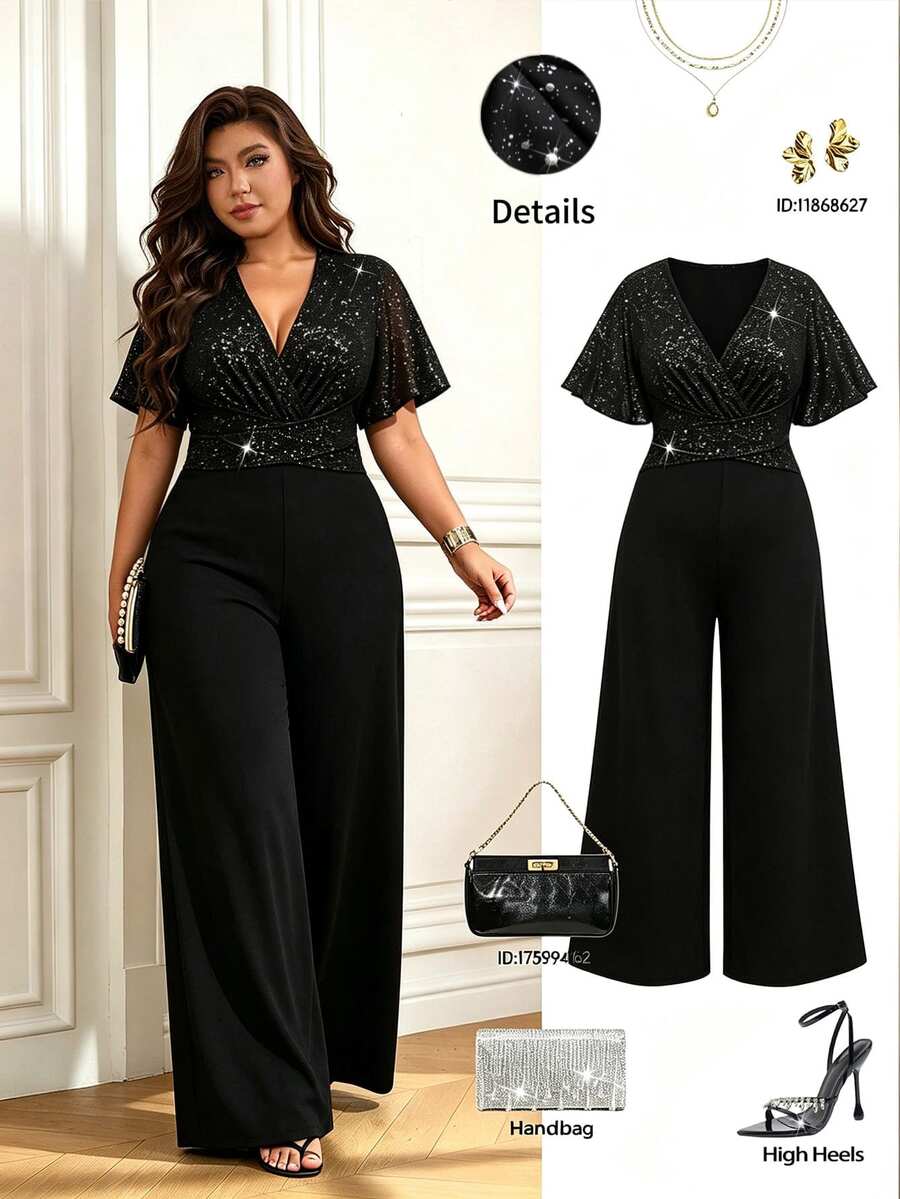 Femmeverse Women's New Elegant Sequin Wide Leg Jumpsuit Plus Size Party/Daily/Date/Evening A-Line Short Sleeve High Waist Jumpsuit - Black - View 1
