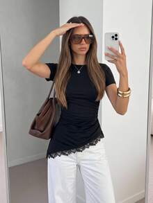 Siren Gaze Summer New Lace Patchwork Waist-Cinched Slimming Split Hem T-Shirt For Women Going Out Black Casual Elegant - Black - View 7