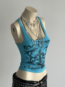 Elamini 女款街頭 Y2K 90年代次文化字母龐克印花背心上衣 夜店演唱會穿搭 藍色 夏季 - 藍色 - 查看 7