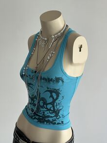 Elamini 女款街頭 Y2K 90年代次文化字母龐克印花背心上衣 夜店演唱會穿搭 藍色 夏季 - 藍色 - 查看 5