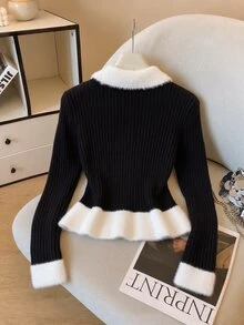 GlowEve Women's Ribbed Knit Patchwork Mink Fur Pullover Sweater, New Autumn/Winter Style, Turn-Down Collar, Peter Pan Collar Hem, Single-Breasted Silver Round Buttons, Short Length, Long Sleeve, Color Block Contrast, Casual Versatile Commuter Sweater - Multicolor - View 2