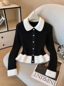 GlowEve Women's Ribbed Knit Patchwork Mink Fur Pullover Sweater, New Autumn/Winter Style, Turn-Down Collar, Peter Pan Collar Hem, Single-Breasted Silver Round Buttons, Short Length, Long Sleeve, Color Block Contrast, Casual Versatile Commuter Sweater - Multicolor - View 3
