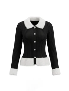 GlowEve Women's Ribbed Knit Patchwork Mink Fur Pullover Sweater, New Autumn/Winter Style, Turn-Down Collar, Peter Pan Collar Hem, Single-Breasted Silver Round Buttons, Short Length, Long Sleeve, Color Block Contrast, Casual Versatile Commuter Sweater - Multicolor - View 6