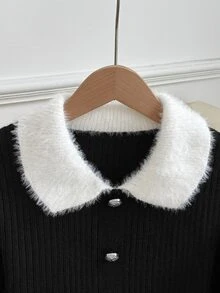 GlowEve Women's Ribbed Knit Patchwork Mink Fur Pullover Sweater, New Autumn/Winter Style, Turn-Down Collar, Peter Pan Collar Hem, Single-Breasted Silver Round Buttons, Short Length, Long Sleeve, Color Block Contrast, Casual Versatile Commuter Sweater - Multicolor - View 7