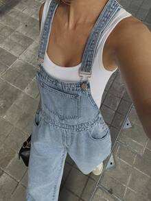 Livesso Women's Loose Casual Denim Bib Overall Jumpsuit - Blue - View 7