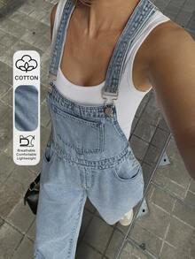 Livesso Women's Loose Casual Denim Bib Overall Jumpsuit - Blue - View 8
