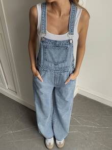 Livesso Women's Loose Casual Denim Bib Overall Jumpsuit - Blue - View 3