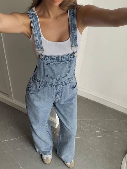 Livesso Women's Loose Casual Denim Bib Overall Jumpsuit