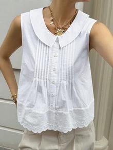 Livesso Women's Summer Casual Solid Color Front Button Tank Top Tea Party White Vacation - White - View 5