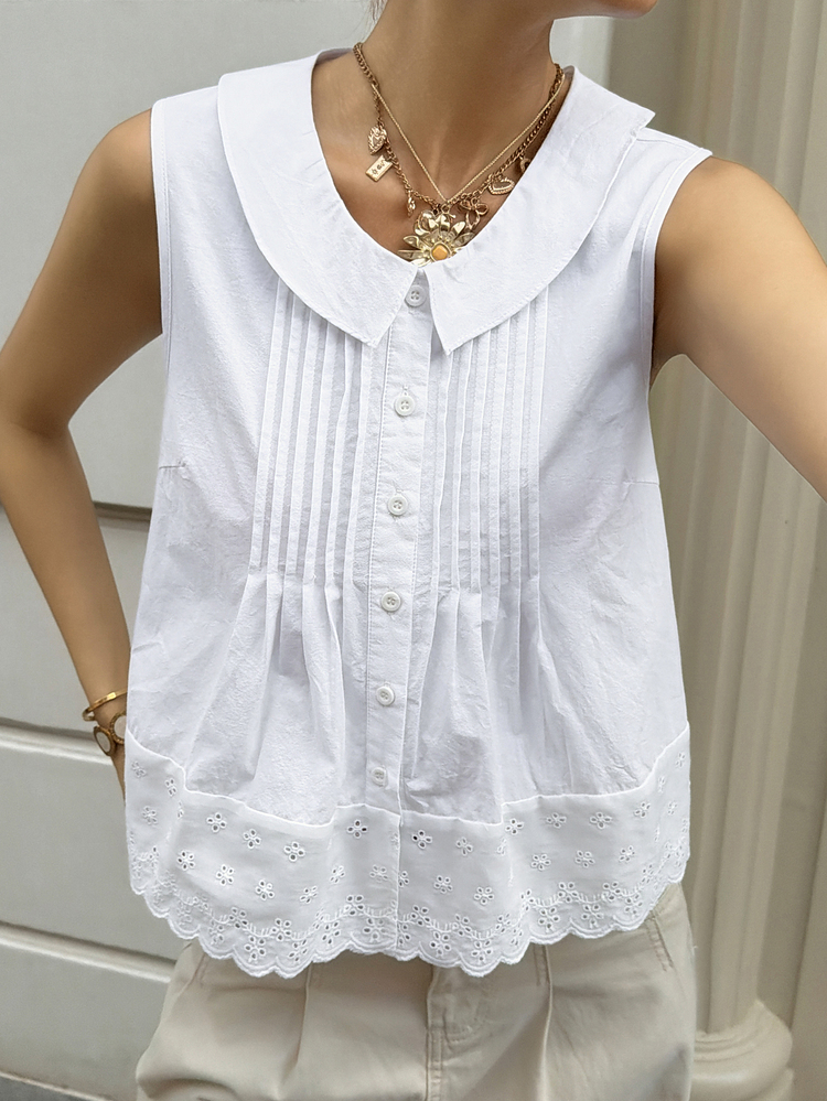 Livesso Women's Summer Casual Solid Color Front Button Tank Top Tea Party White Vacation - White - View 5