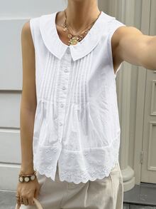 Livesso Women's Summer Casual Solid Color Front Button Tank Top Tea Party White Vacation - White - View 6