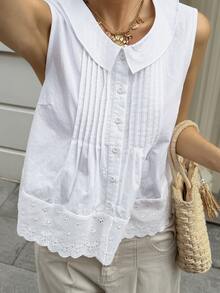 Livesso Women's Summer Casual Solid Color Front Button Tank Top Tea Party White Vacation - White - View 8