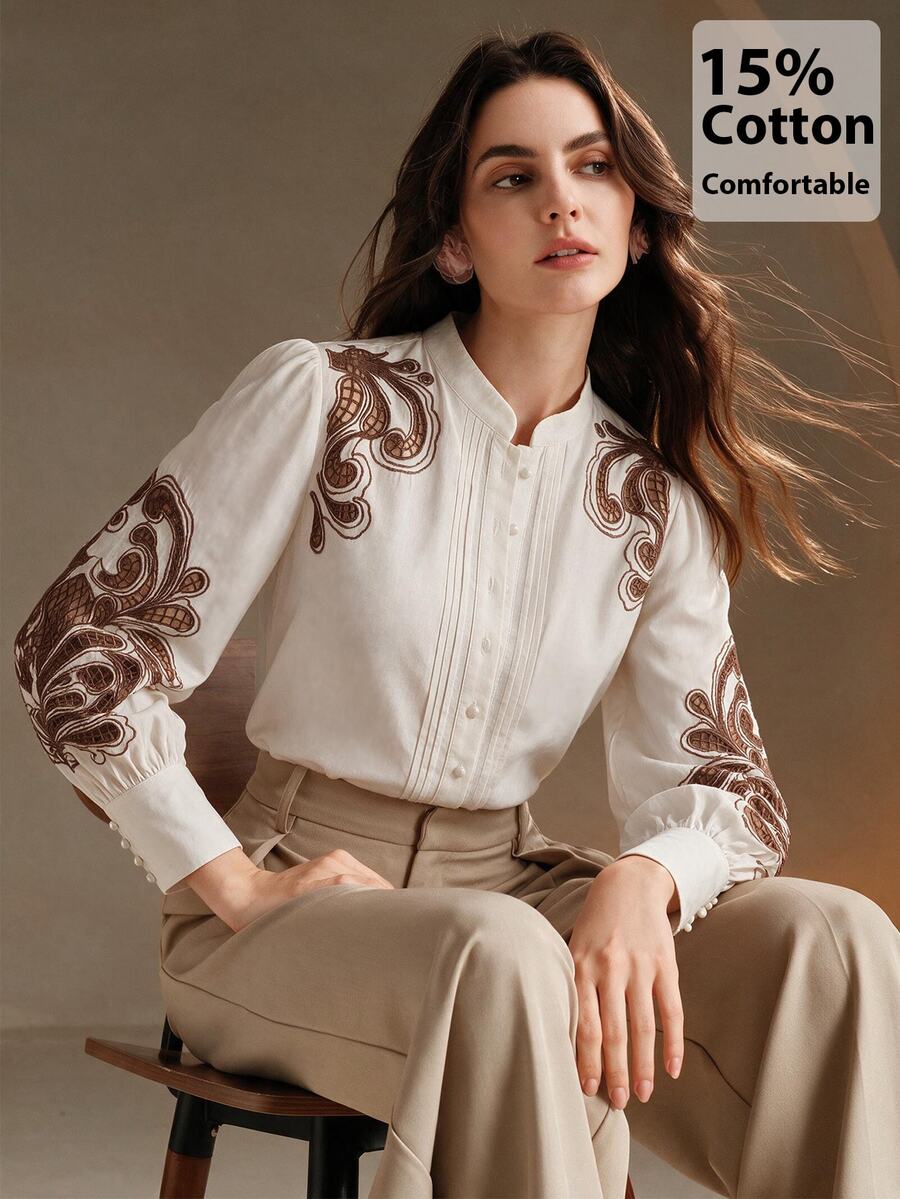Anewsta Women's Autumn/Winter Elegant Halloween Christmas Heavy Craft Hollow-Out Applique Embroidered Solid Color Long Sleeve Loose Blouse - White - View 1