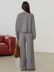 Dazy-Less Women's 2pcs Set: Dark Gray Crew Neck Long Sleeve Knit Sweater & High Waist Slim Fit Ribbed Knit Pants, Winter - Dark Grey - View 2