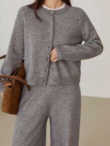 Dazy-Less Women's 2pcs Set: Dark Gray Crew Neck Long Sleeve Knit Sweater & High Waist Slim Fit Ribbed Knit Pants, Winter - Dark Grey - View 4