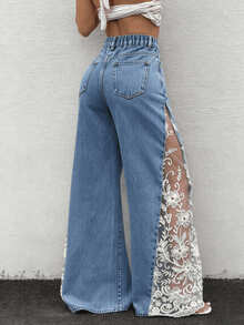 Rivivi High Waist Loose Embroidered Mesh Plus Size Women Wide Leg Denim Jeans - Blue - View 2
