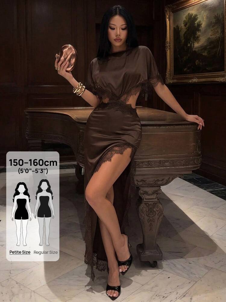 SHEIN PETITE Petite-Friendly Silk And Lace Patchwork Dress With An Asymmetrical, Sexy Cutout Design. - Brown - View 7