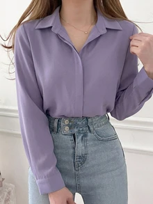 DAZY Camisa con botones frontales lisos, blusas de manga larga - Morado - Ver 6