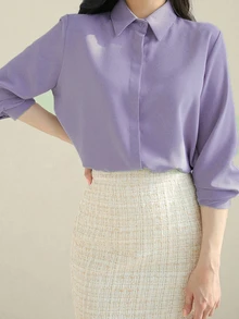 DAZY Camisa con botones frontales lisos, blusas de manga larga - Morado - Ver 2