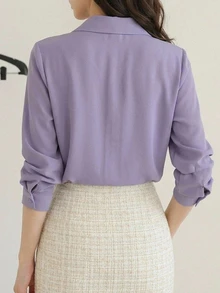 DAZY Camisa con botones frontales lisos, blusas de manga larga - Morado - Ver 7