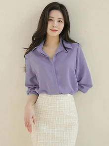 DAZY Camisa con botones frontales lisos, blusas de manga larga - Morado - Ver 4
