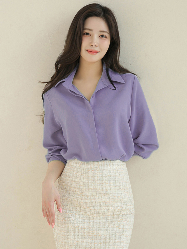 DAZY Solid Button Front Shirt,Long Sleeve Tops - Purple - View 4